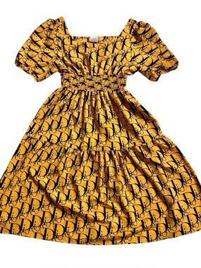 Midi length dress square neck line, mustard yellow & black Dior print fabric